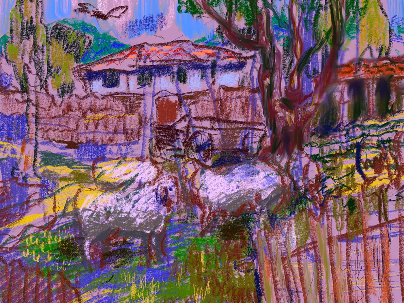 A village house and trees in vivid pink, violet and green.