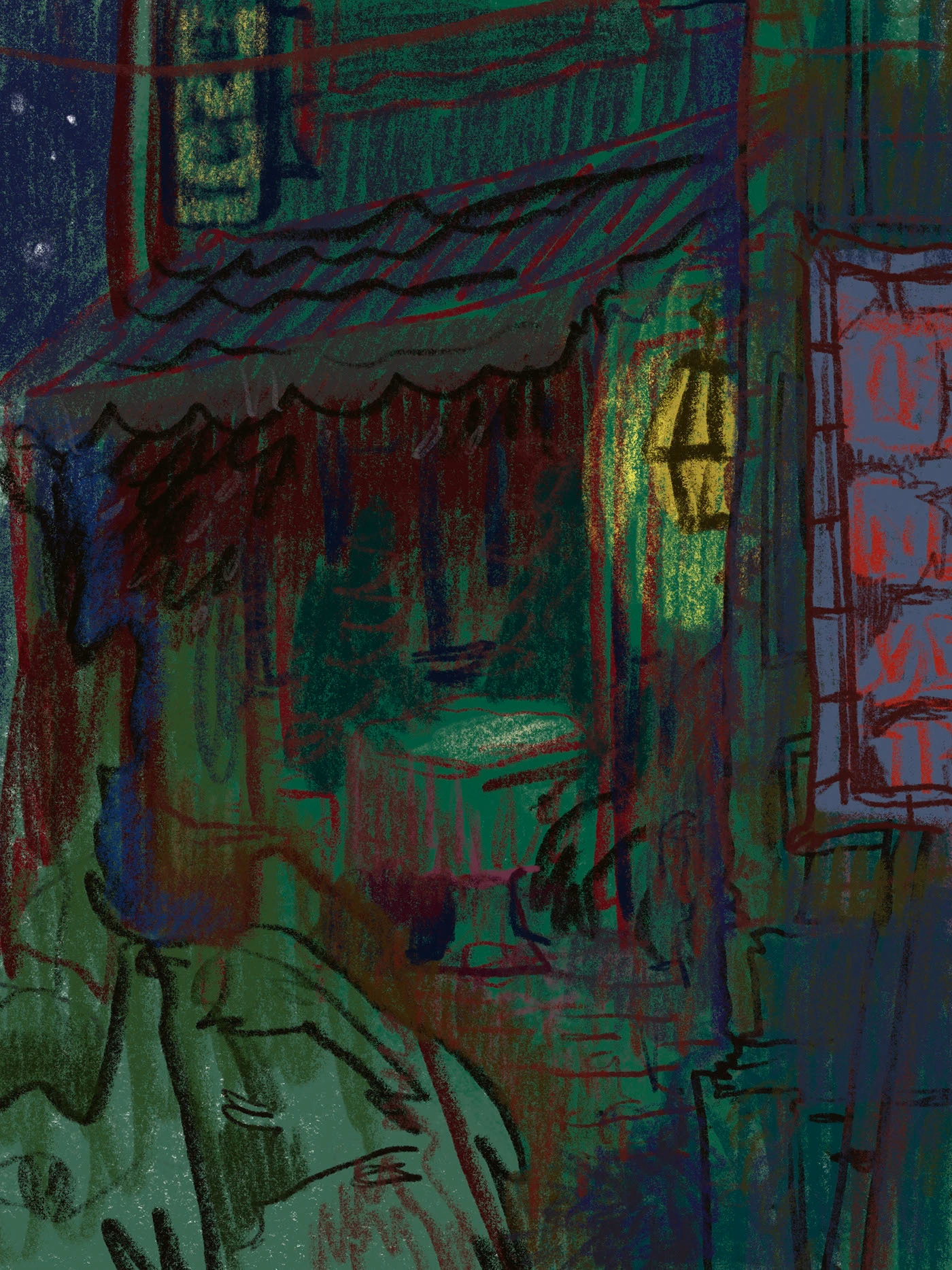 A dark green urban scene with red lines and a yellow patch of light.