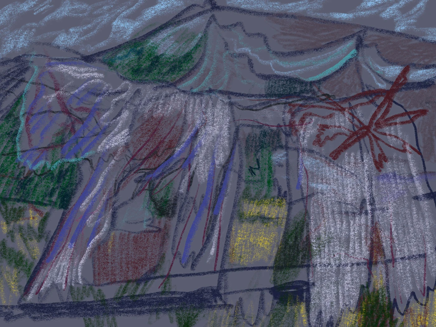 Violet and grey angular structures crossed by red and green lines.