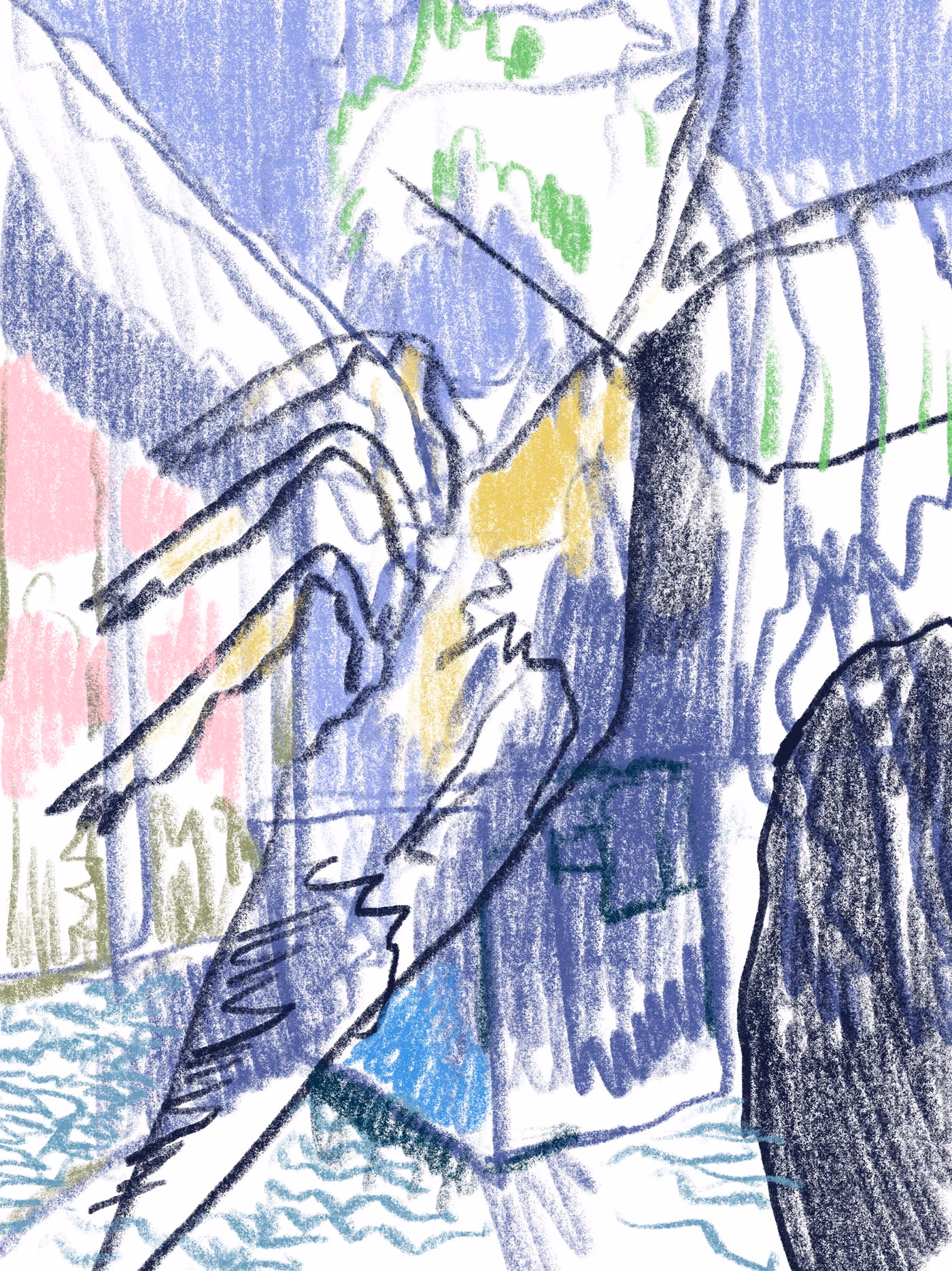 A light urban sketch in blue, pink and green.
