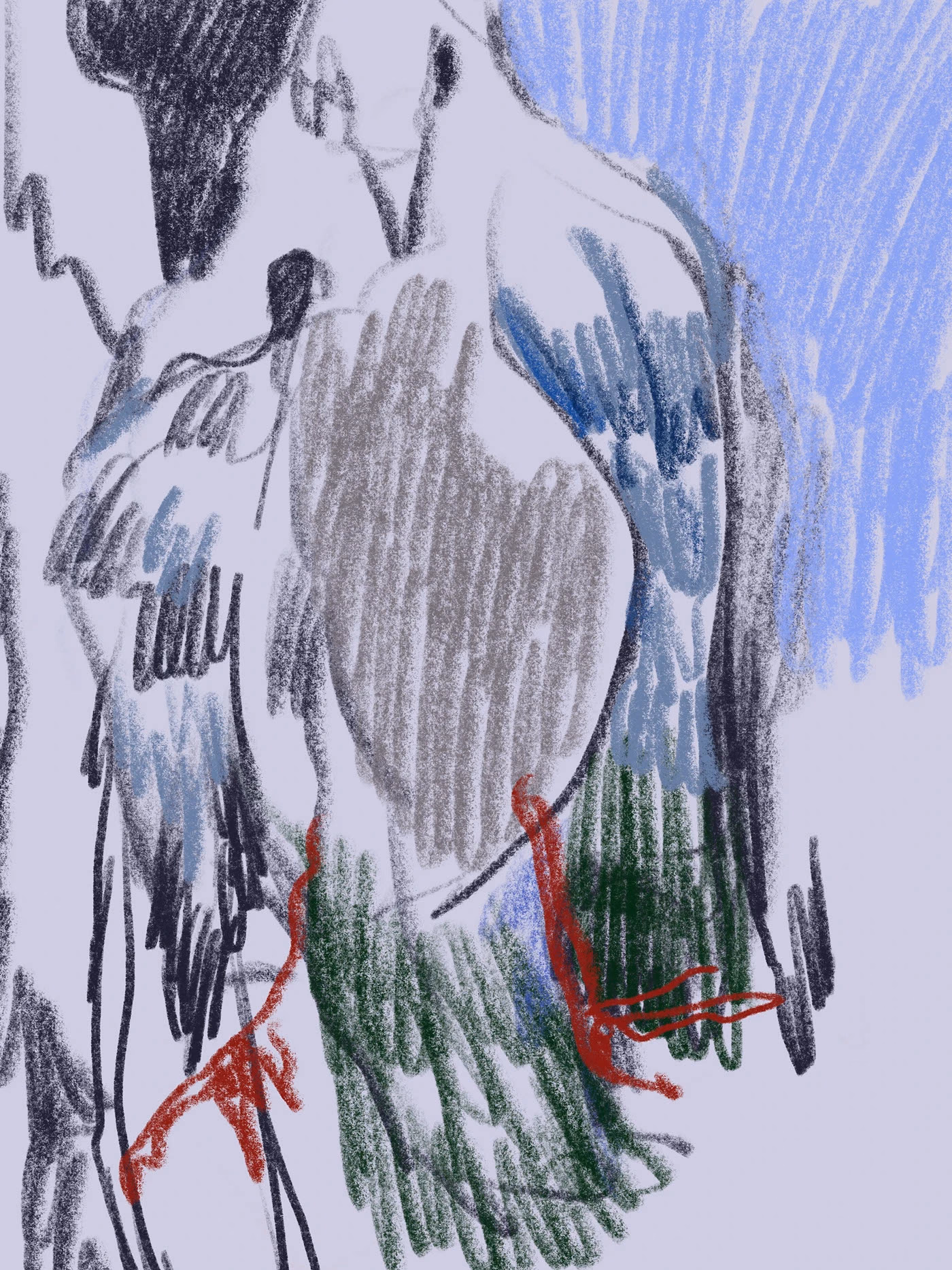 A standing figure seen from behind, in blue and green on lavender.