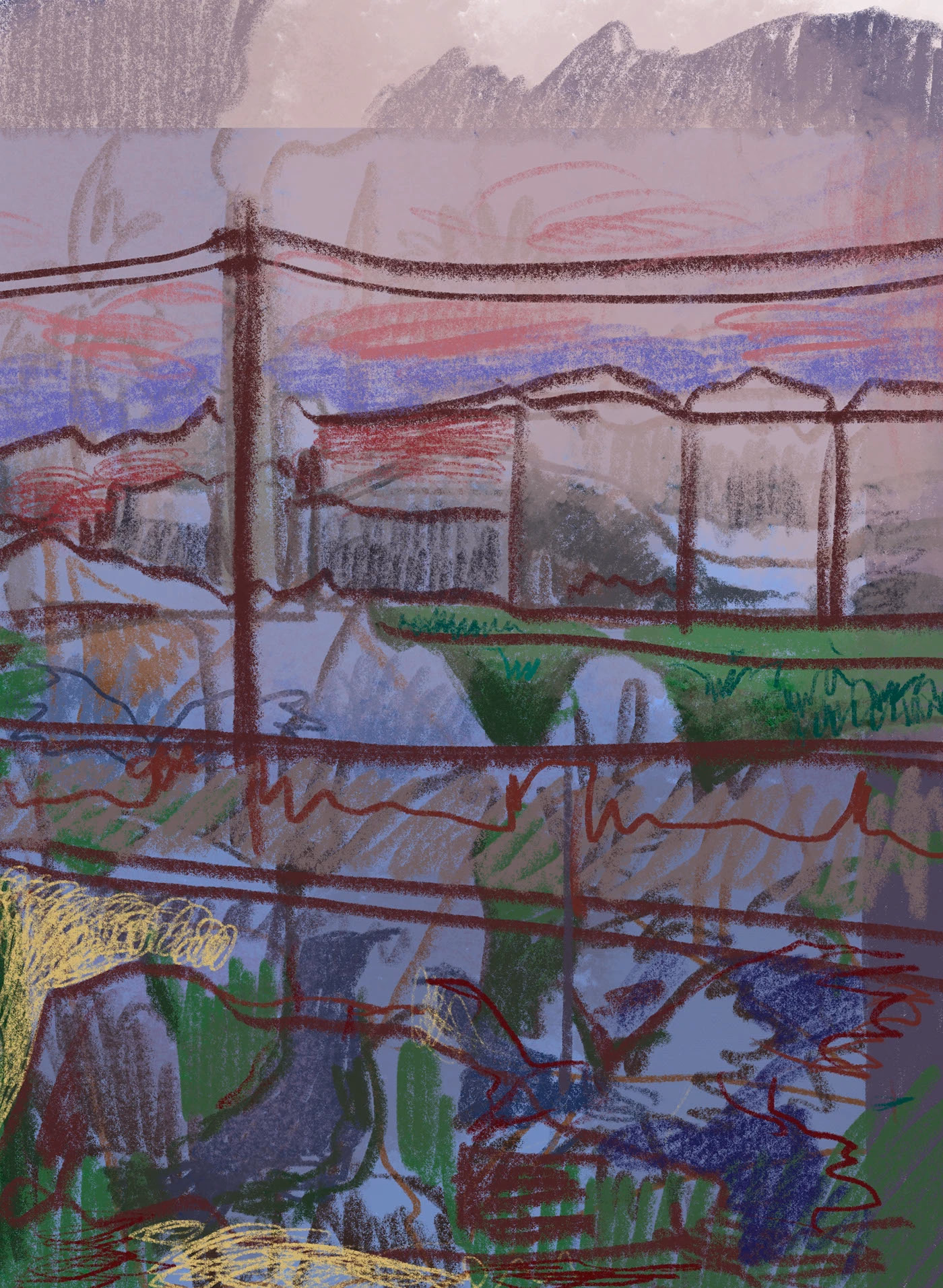 An urban landscape crossed by overhead wires in pink and violet.