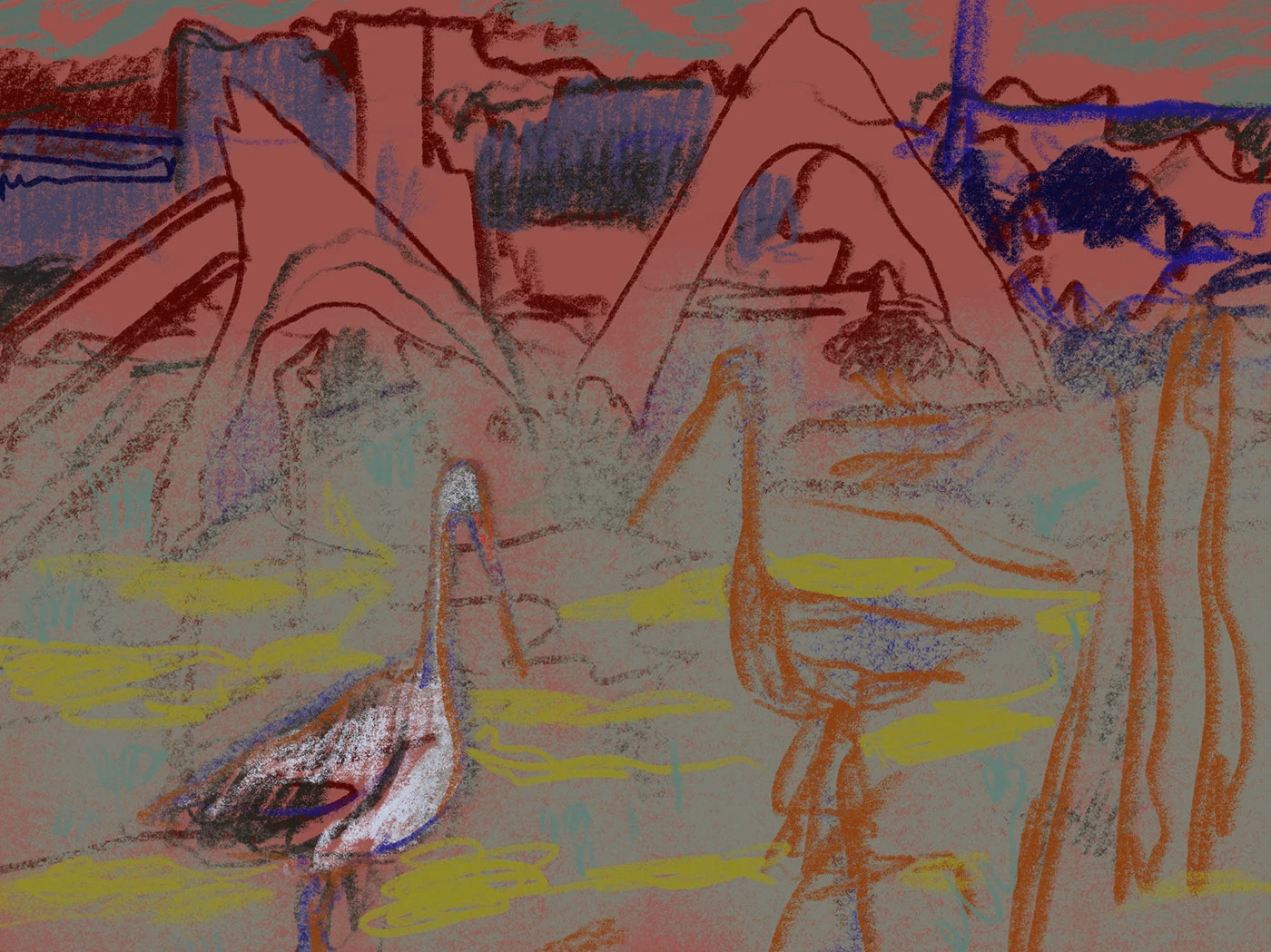 Loose pink and yellow lines describe an abstract landscape.