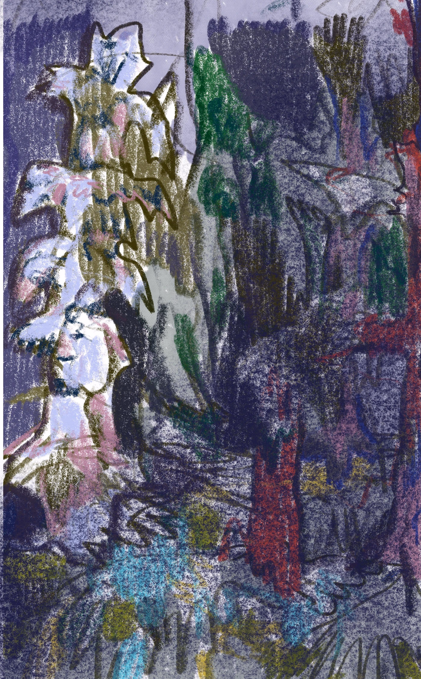 Pale irises rise through deep violet and green foliage.