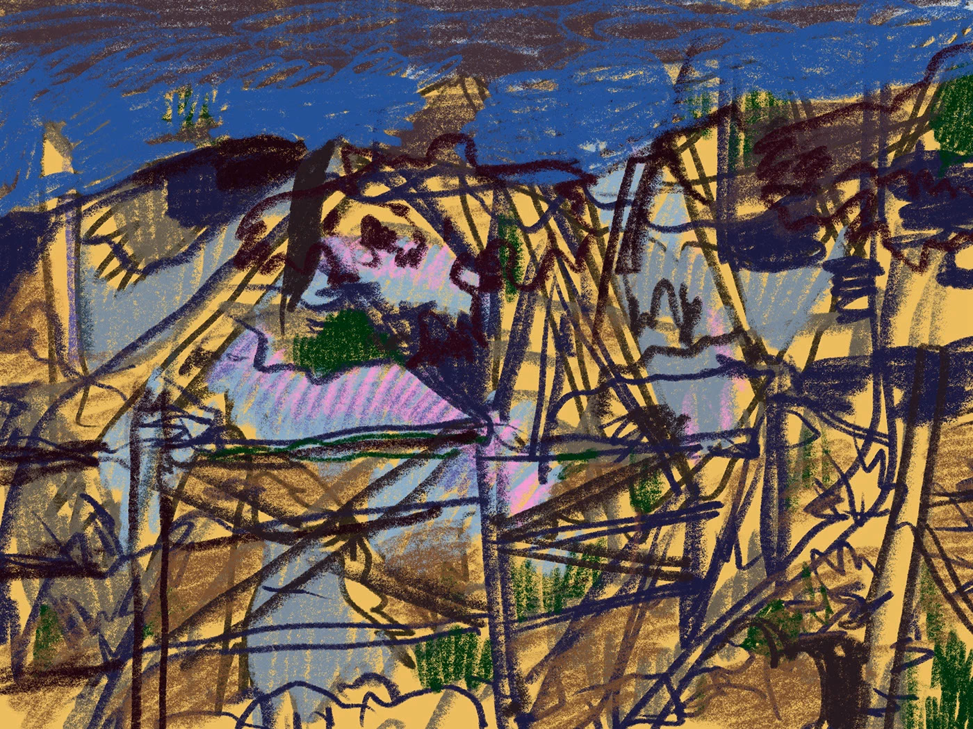 Interwoven dark lines against a bright blue and yellow landscape.