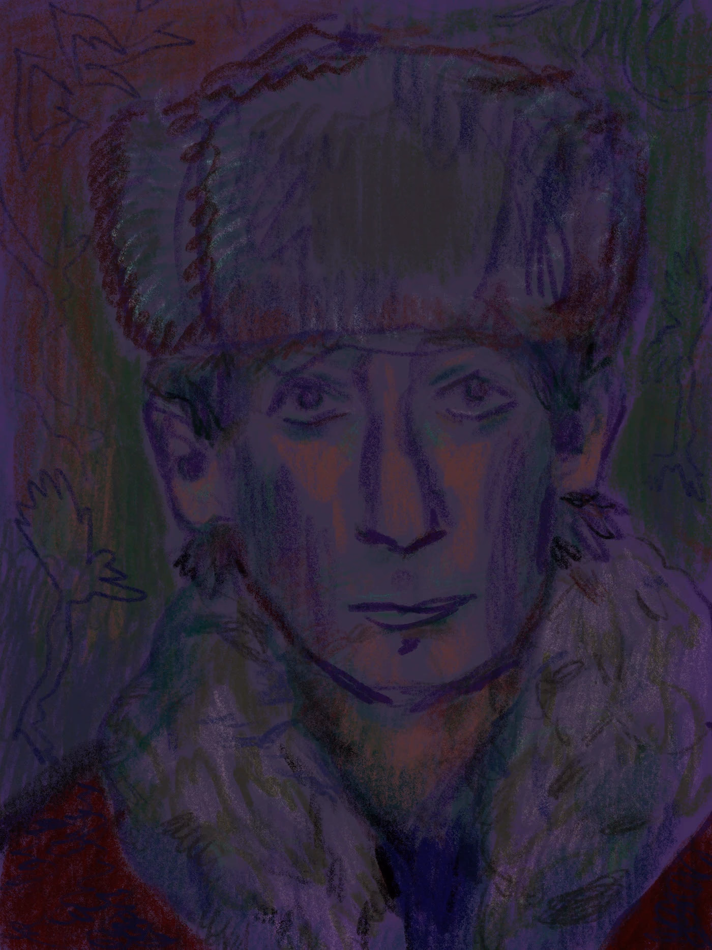 A frontal portrait in violet, blue and muted yellow.
