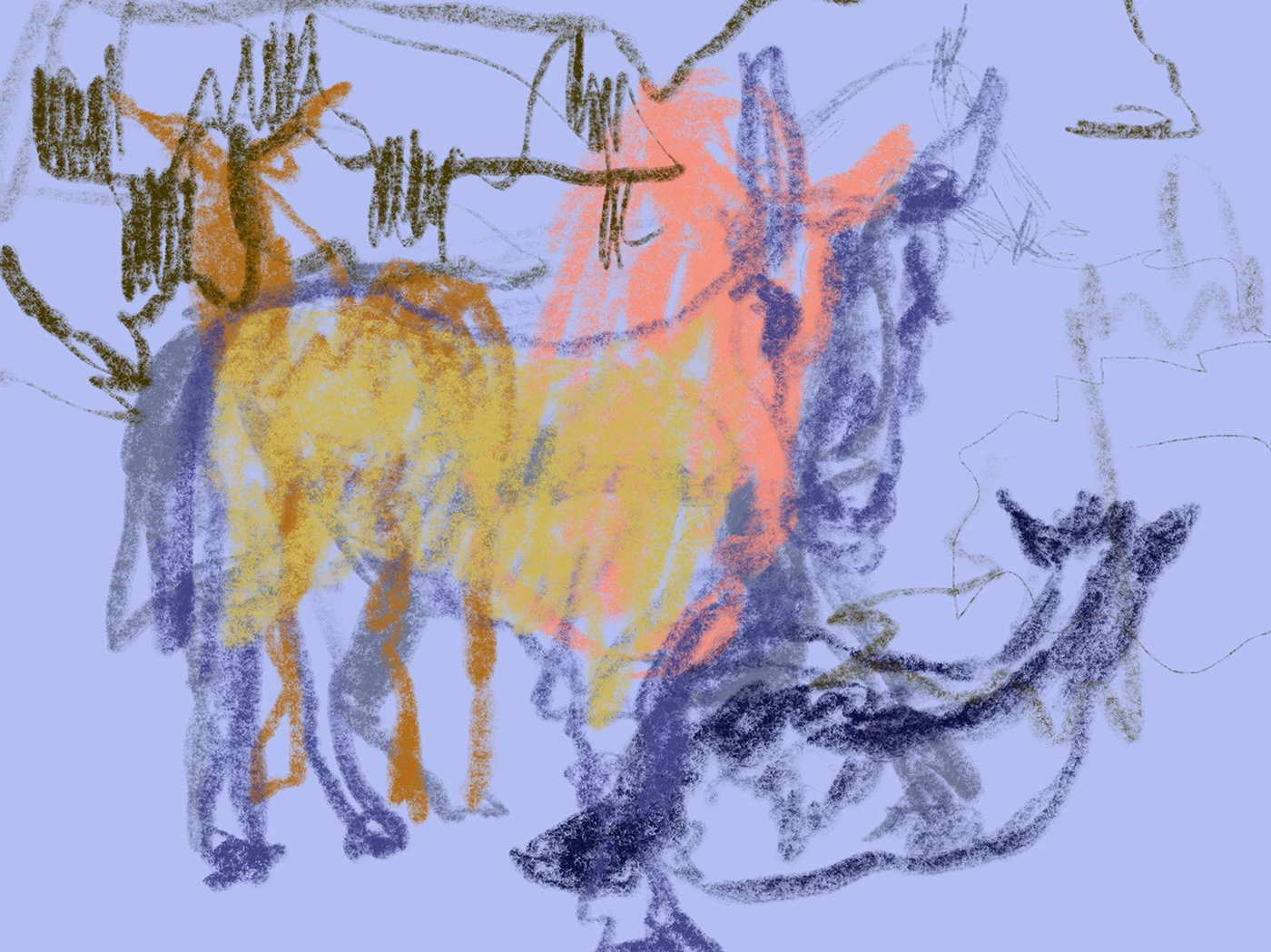 Animal studies in yellow, pink and charcoal grey on lavender.