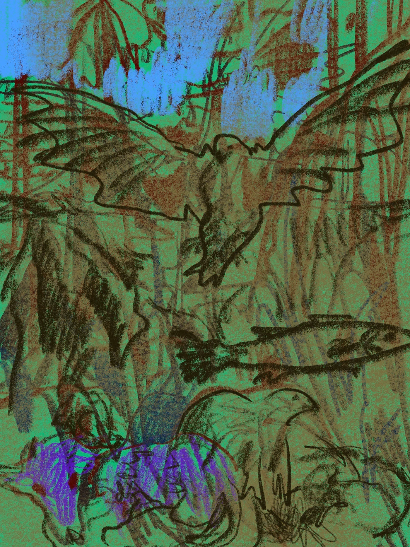 An intricate green urban scene with violet marks.