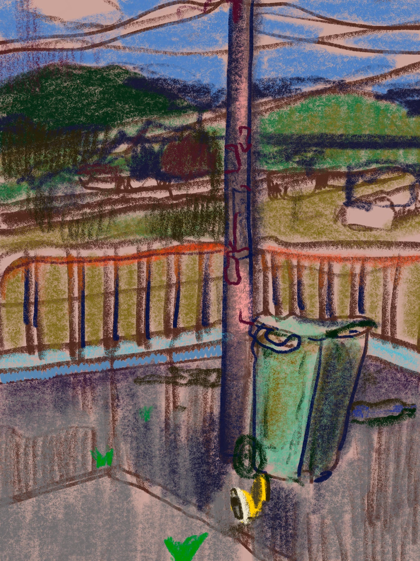 A street, railings and overhead wires in pink and green.