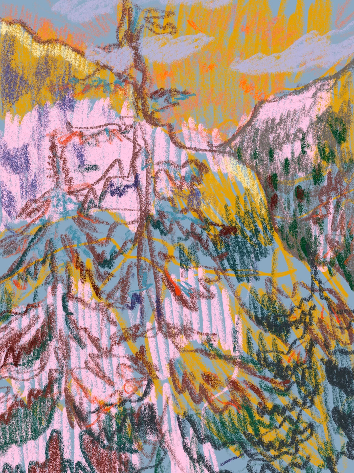 Expressive pink, yellow and green lines form a bright landscape.