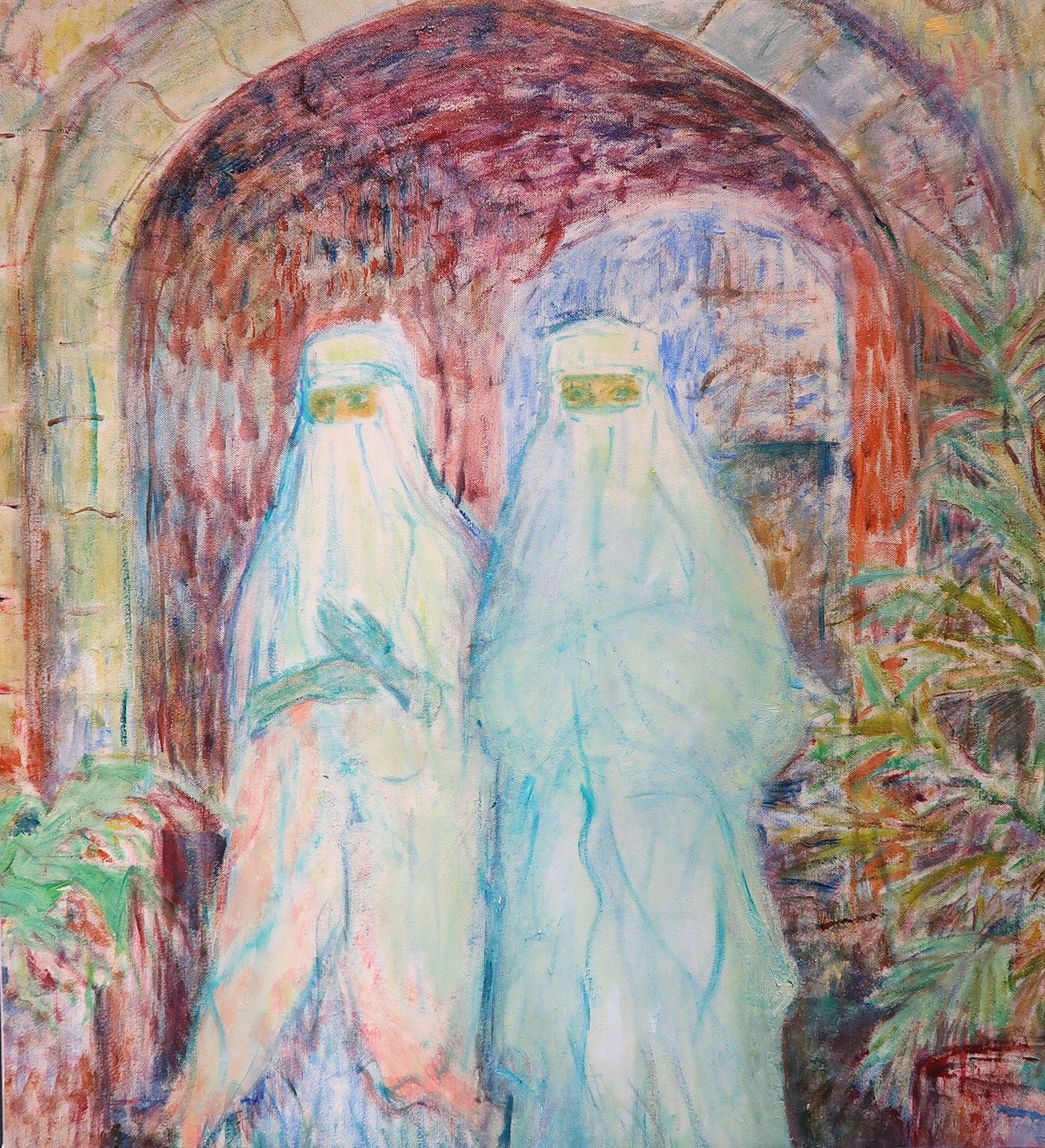 Two pale painted figures beneath an arch, surrounded by red and green marks.
