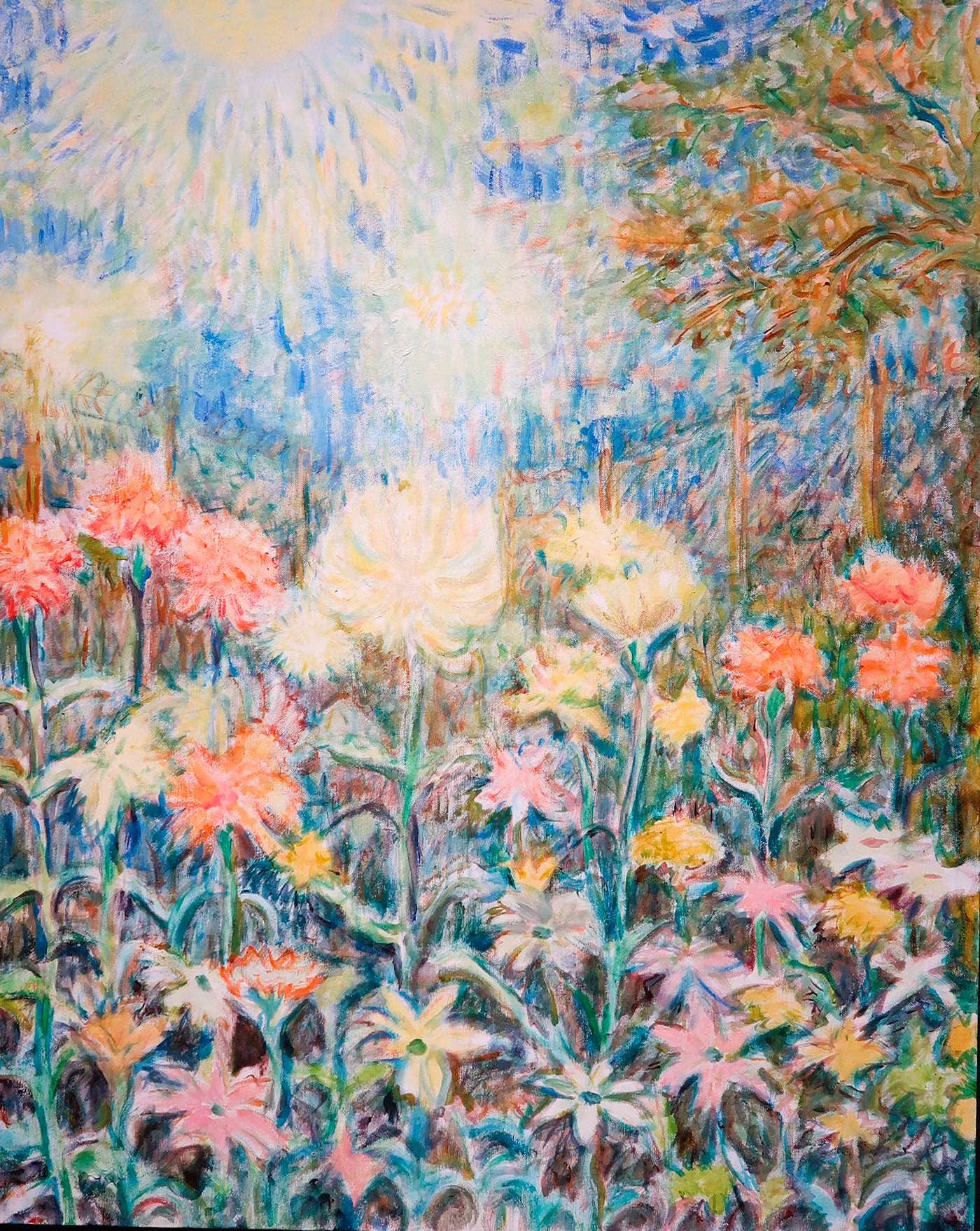 Pink, cream and yellow flowers among layered blue and green brushstrokes.
