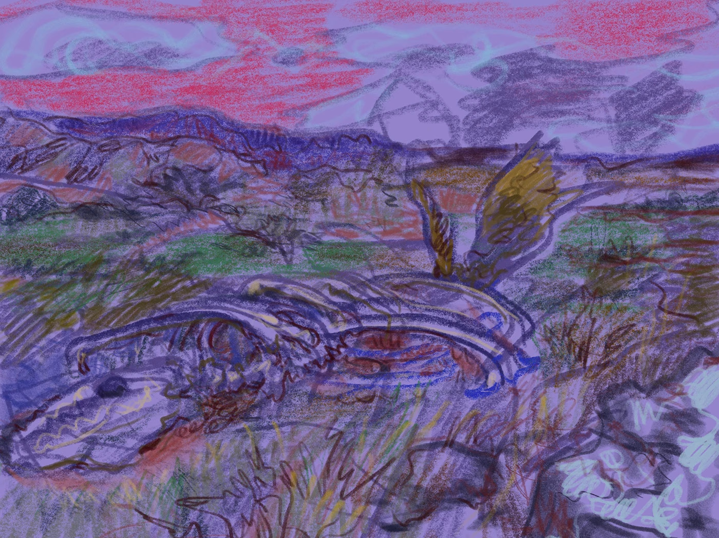 A violet and pink landscape crossed by loose winding lines.