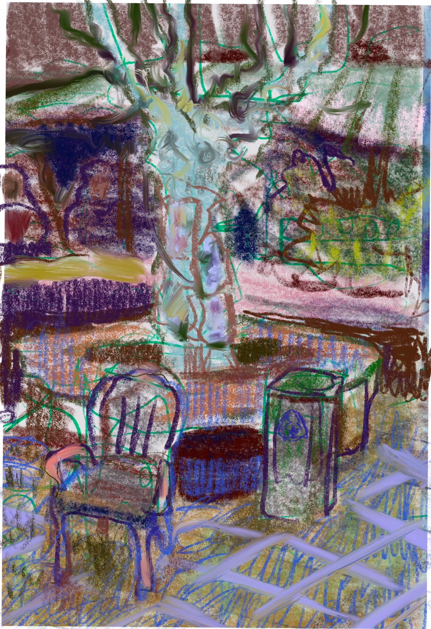 Chairs, tables and a tree drawn in violet, green and grey.