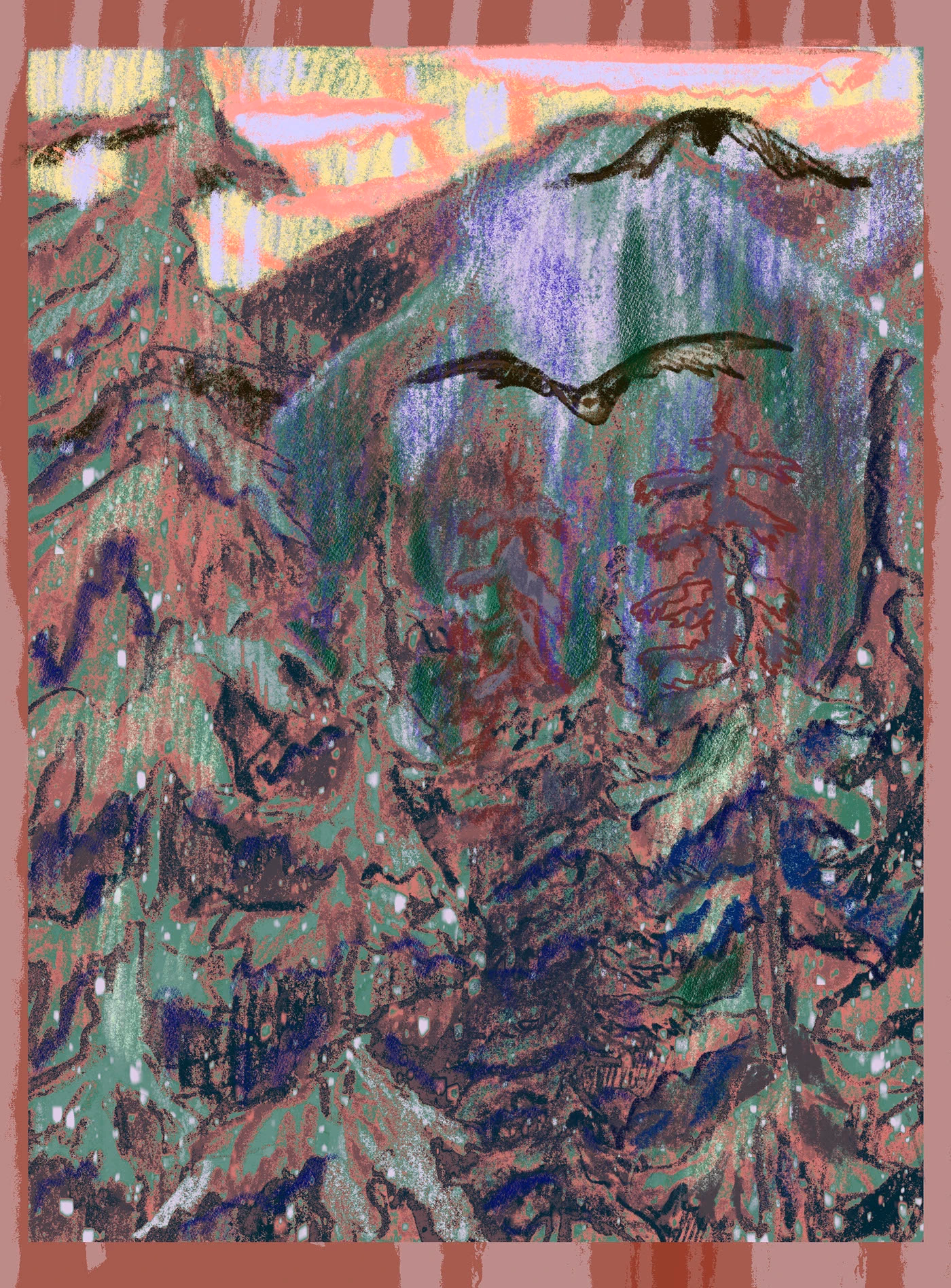 A layered abstract composition in mauve, coral and green.
