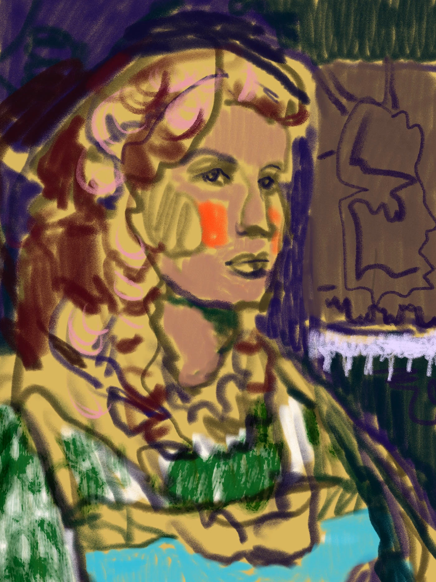 A woman in green with yellow, violet and red accents.