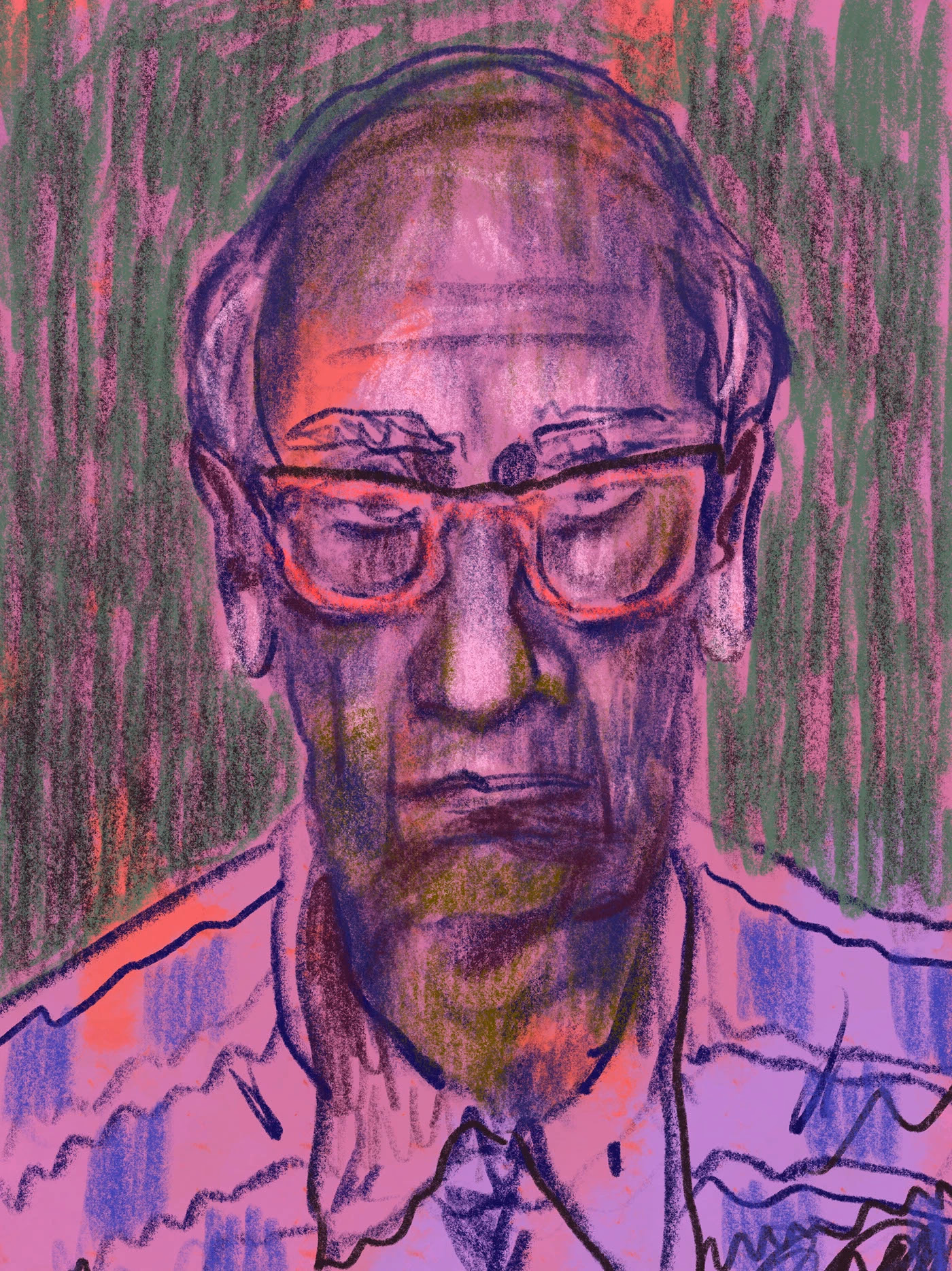 A man wearing glasses, drawn in vivid pink and violet.