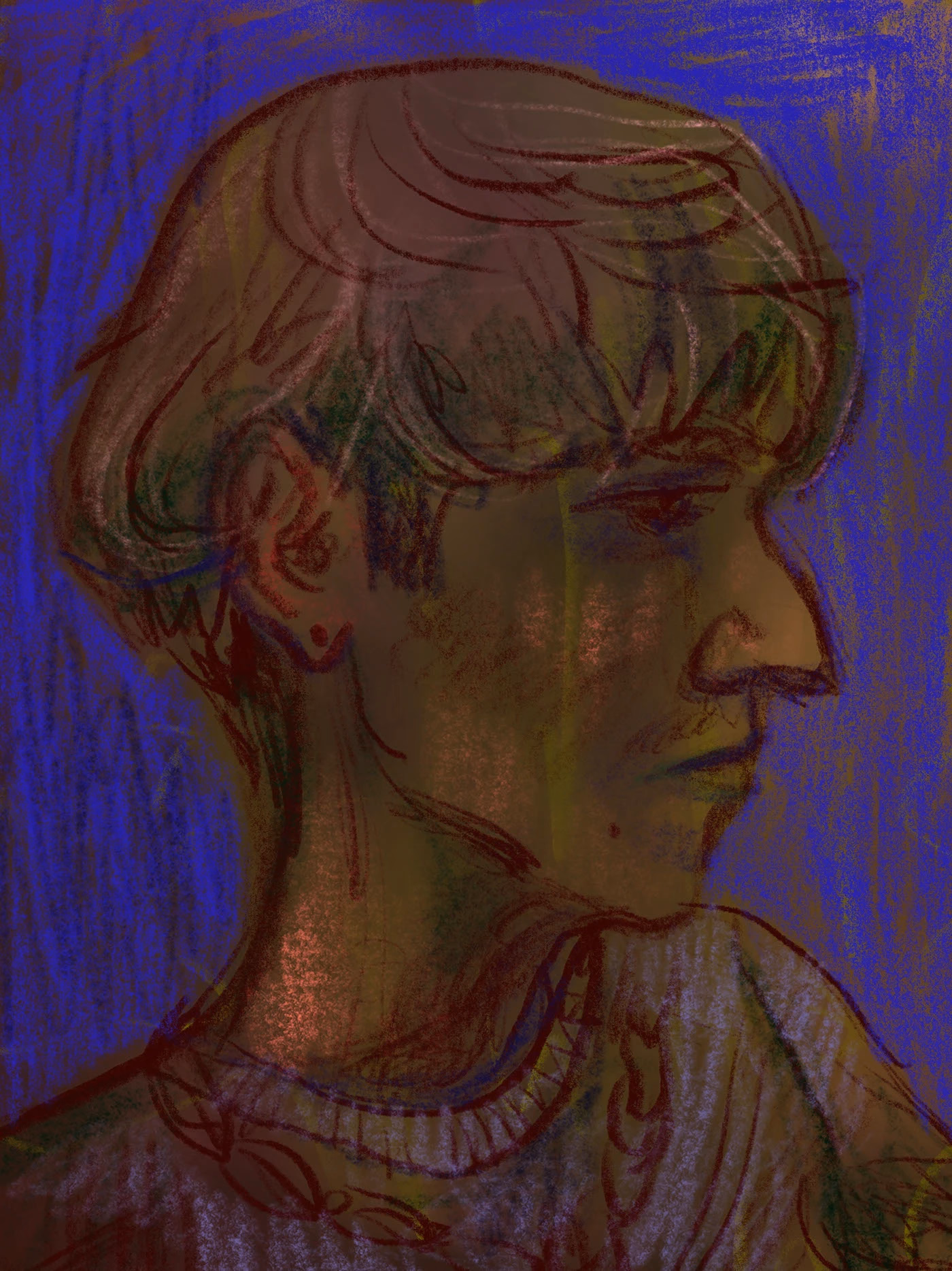 A side-profile portrait with red lines on violet and ochre.