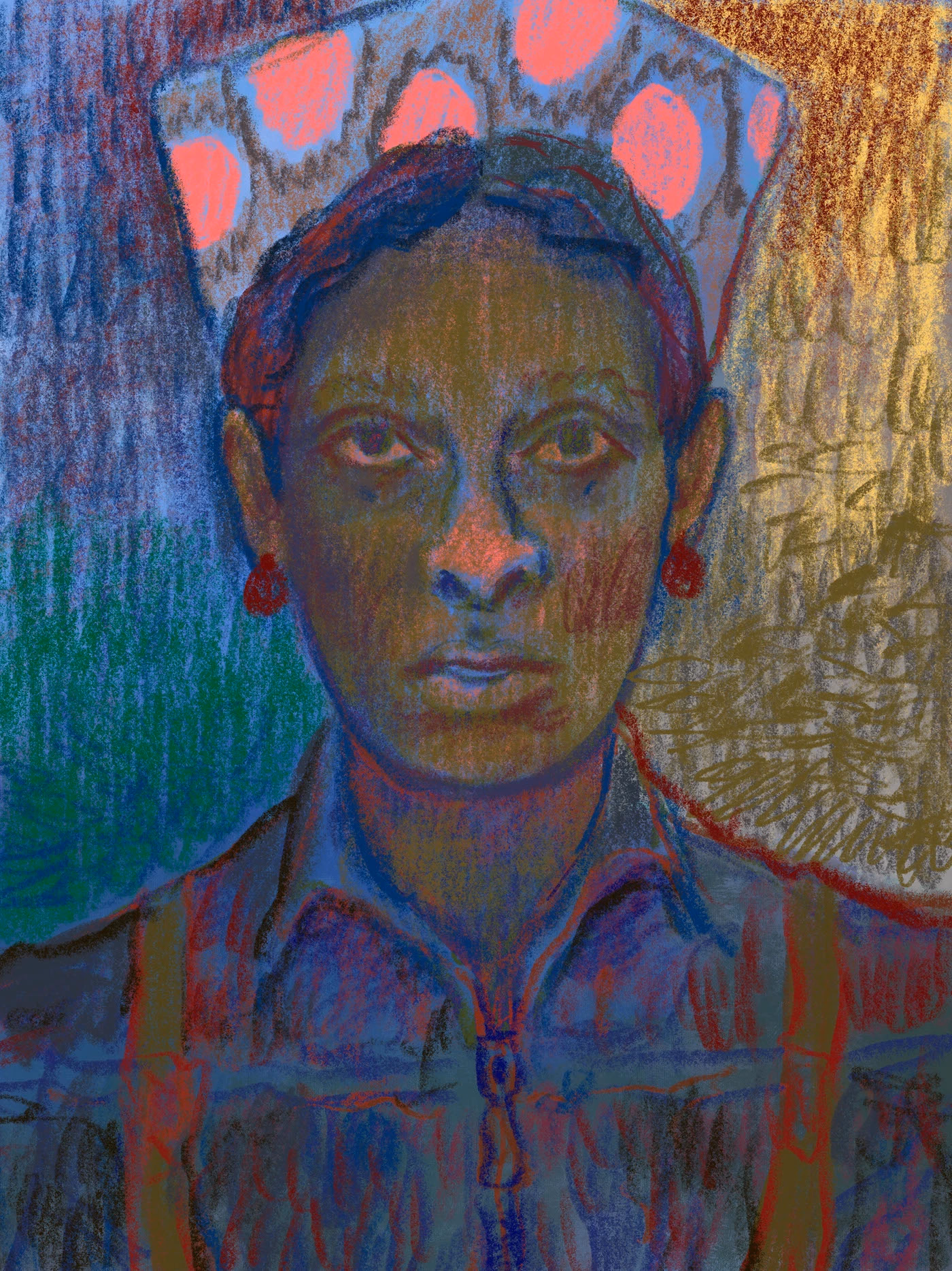 A frontal portrait with blue skin and a pink patterned hat.