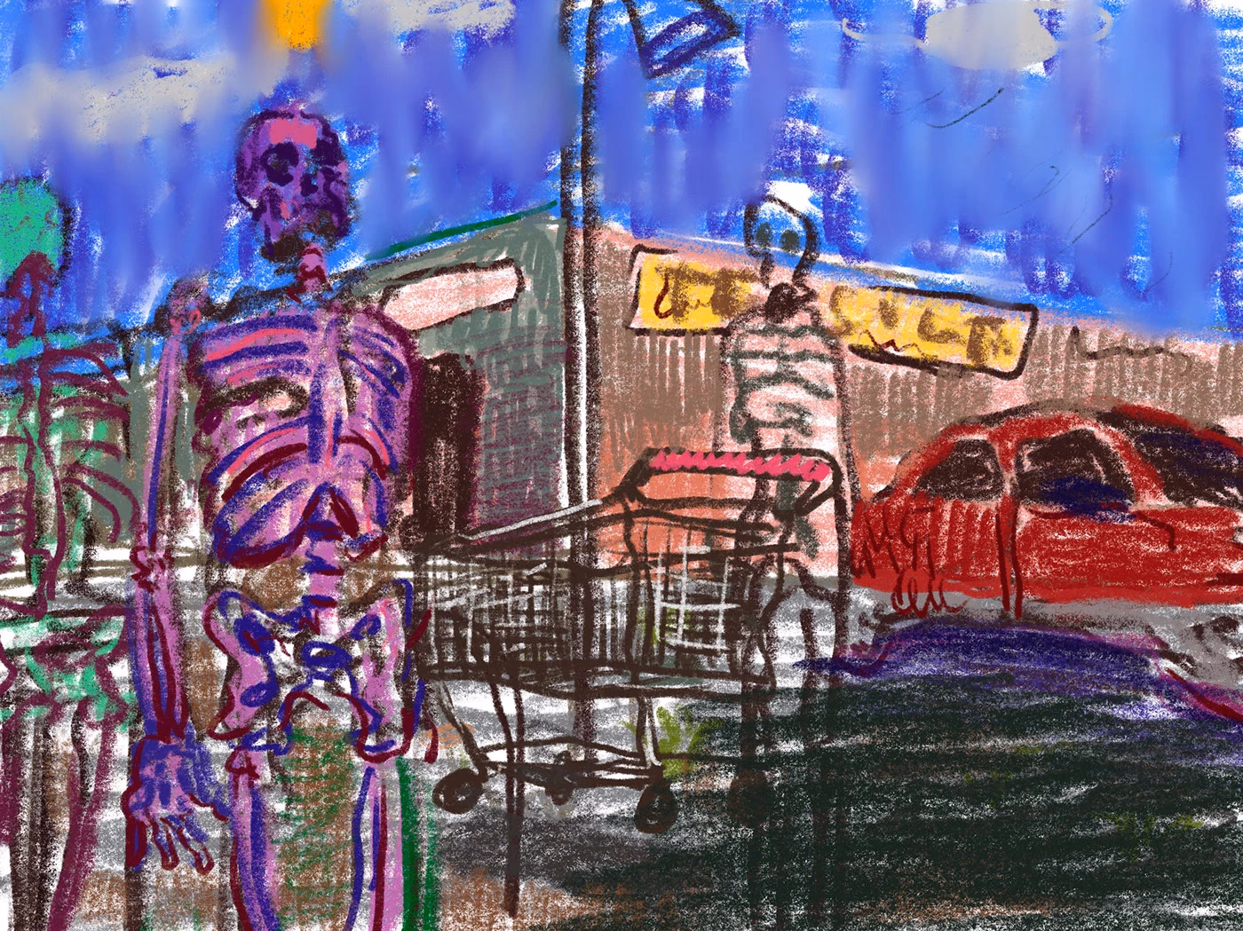 Drawn figures, street furniture and red cars beneath a blue sky.