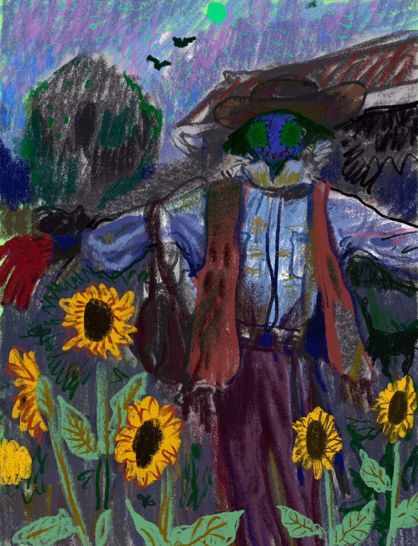 A scarecrow among yellow sunflowers beneath a violet sky.